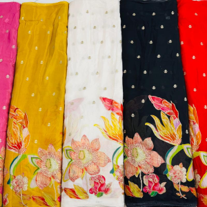 Viscose Georgette Position Print With Coding Siqunce Embroidery